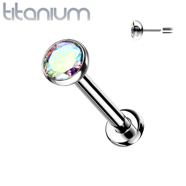 Implant Grade Titanium Threadless Push In Nose Ring Bezel Aurora Borealis CZ With Flat Back - Pierced Universe