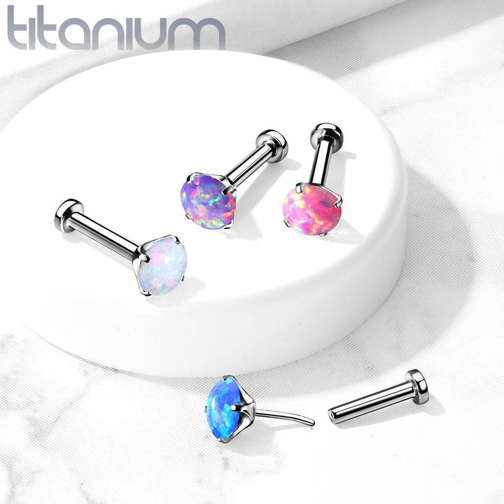 Implant Grade Titanium Threadless Push In Nose Ring Clawed Blue Opal Stone With Flat Back - Pierced Universe