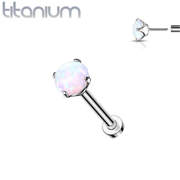 Implant Grade Titanium Threadless Push In Nose Ring Clawed White Opal Stone With Flat Back - Pierced Universe