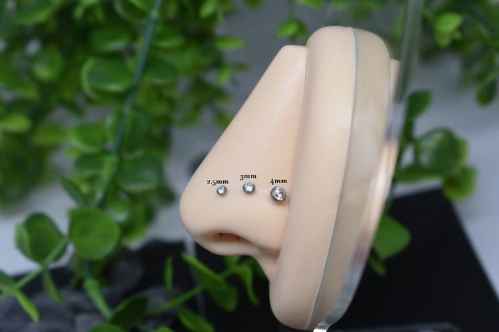 Implant Grade Titanium Threadless Push In Nose Ring Flat Back Bezel Pink CZ With Flat Back - Pierced Universe