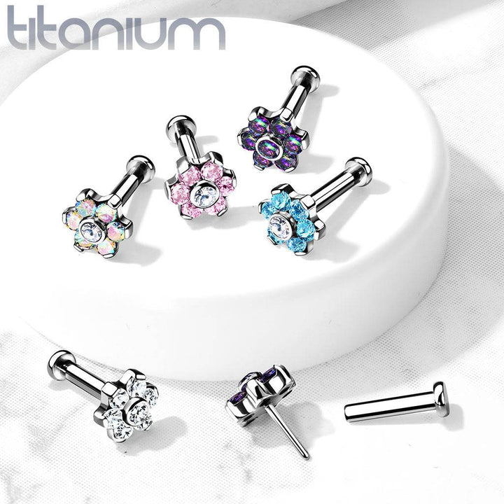 Implant Grade Titanium Threadless Push In Nose Ring White CZ Flower With Flat Back - Pierced Universe