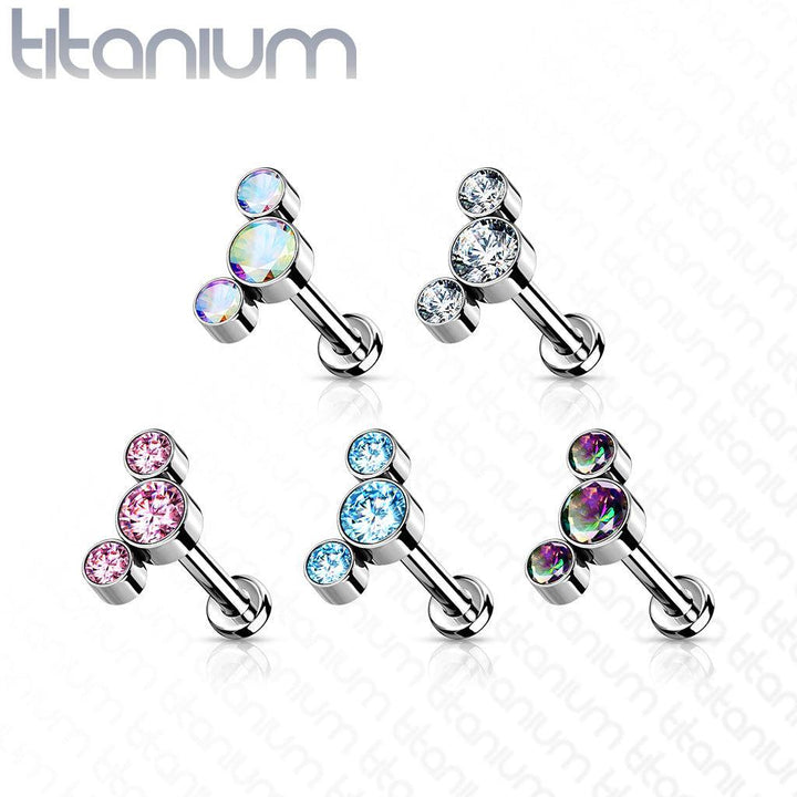 Implant Grade Titanium Threadless Push In Tragus/Cartilage 3 Gem Curved White CZ Gems With Flat Back - Pierced Universe