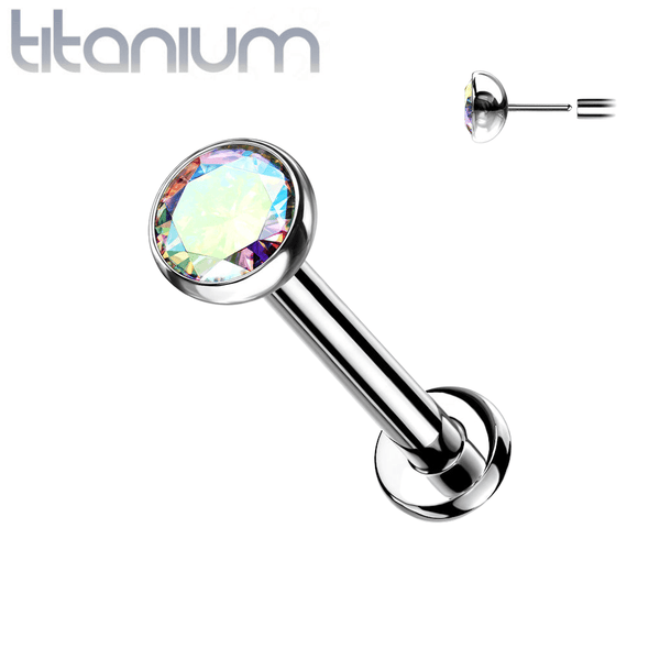 Implant Grade Titanium Threadless Push In Tragus/Cartilage Bezel Aurora Borealis CZ With Flat Back - Pierced Universe