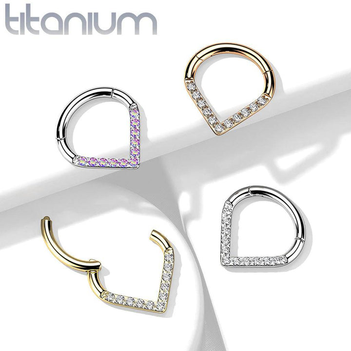 Implant Grade Titanium V Shaped Septum Ring Clicker Hoop Aurora Borealis CZ Gems - Pierced Universe