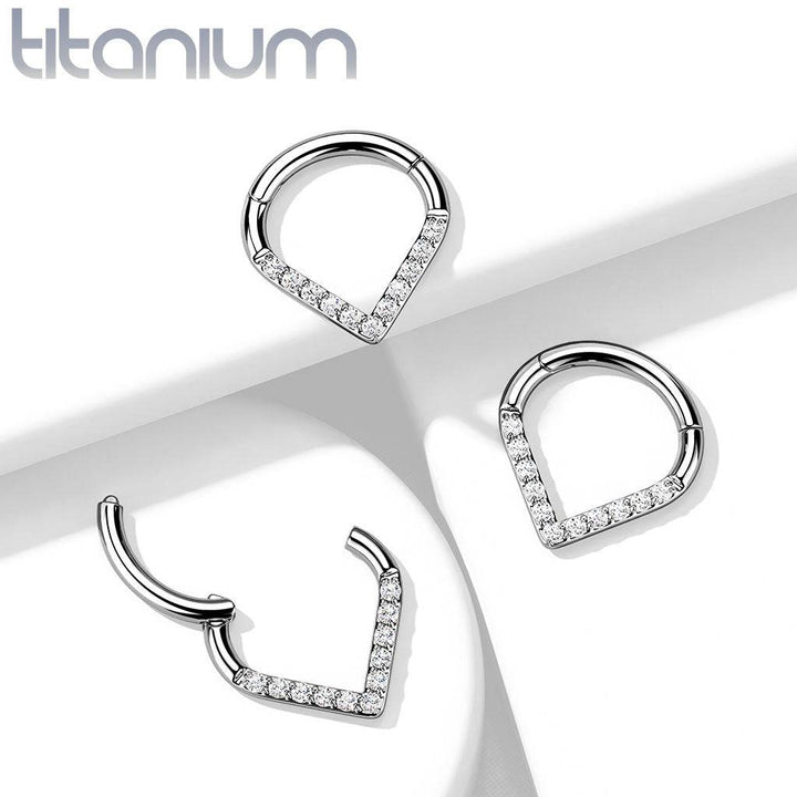 Implant Grade Titanium V Shaped Septum Ring Clicker Hoop White CZ Gems - Pierced Universe