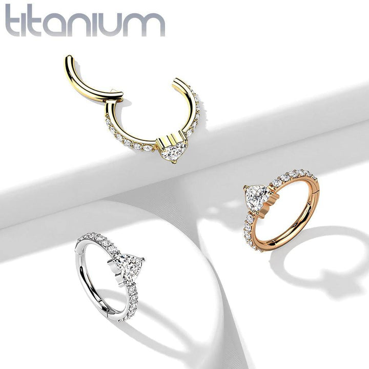 Implant Grade Titanium White CZ With Heart Shaped Center Hinged Clicker Hoop - Pierced Universe