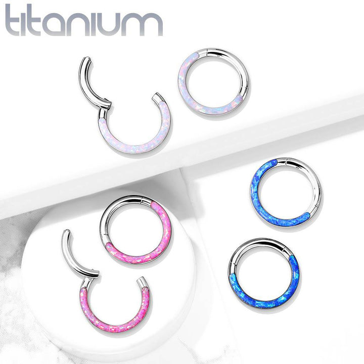 Implant Grade Titanium White Opal Inlay Septum Daith Clicker Hinged Hoop Ring - Pierced Universe