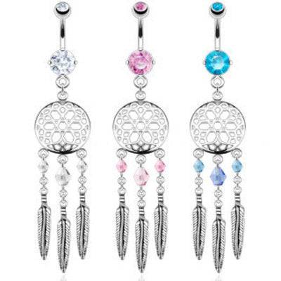 Long Beaded Dream Catcher Belly Button Surgical Steel Navel Ring - Pierced Universe