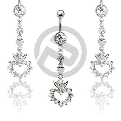 Long Heart Clear CZ Gem Drop Dangle Belly Button Navel Ring - Pierced Universe