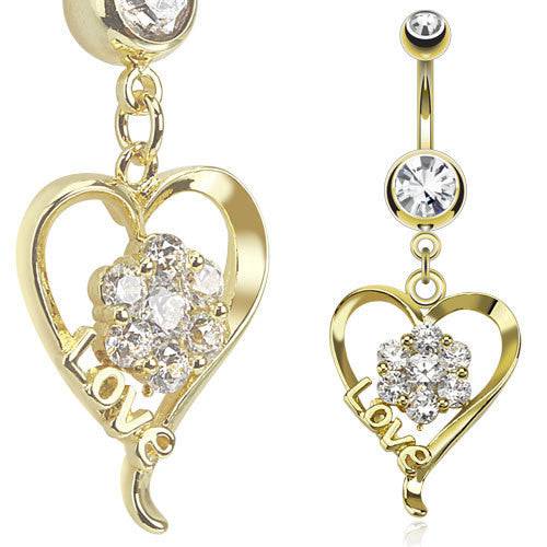 Love Flower & Heart Gold Plated Surgical Steel Dangling Belly Ring - Pierced Universe