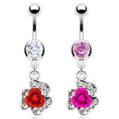 Metal Rose Flower Petal with CZ Rim Belly Button Navel Ring Dangle - Pierced Universe