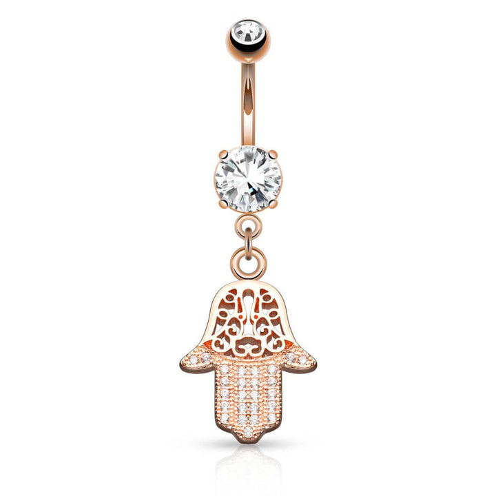 Micro Paved Surgical Steel Hamsa Hand of Fatima Dangle Belly Button Navel Ring - Pierced Universe