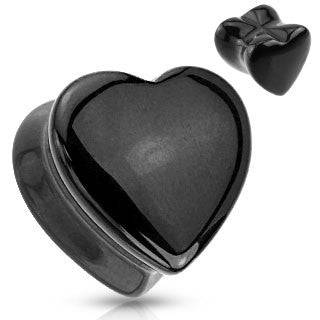 Organic Double Flared Black Onyx Stone Heart Shape Natural Ear Plugs Spacers - Pierced Universe