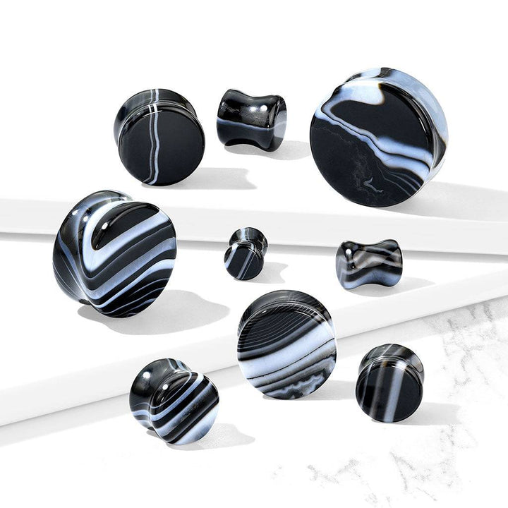 Organic Natural Black And White Agate Double Flared Saddle Stone Plugs - Pierced Universe
