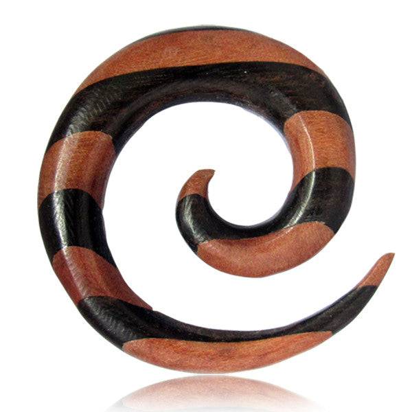 Organic Two Tone Arang & Sawo Wood Ear Spiral - Pierced Universe