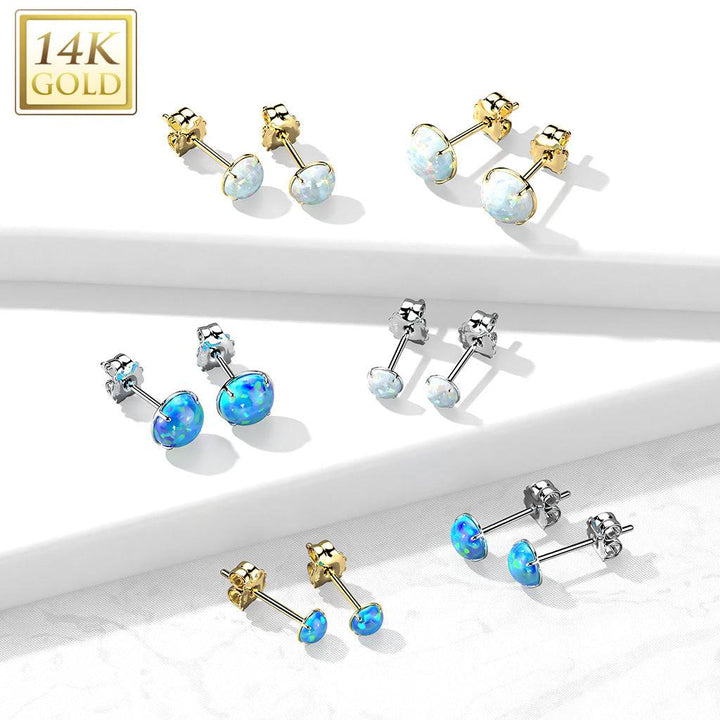 Pair Of 14KT Solid White Gold Circle Round Clawed White Opal Stud Earrings - Pierced Universe