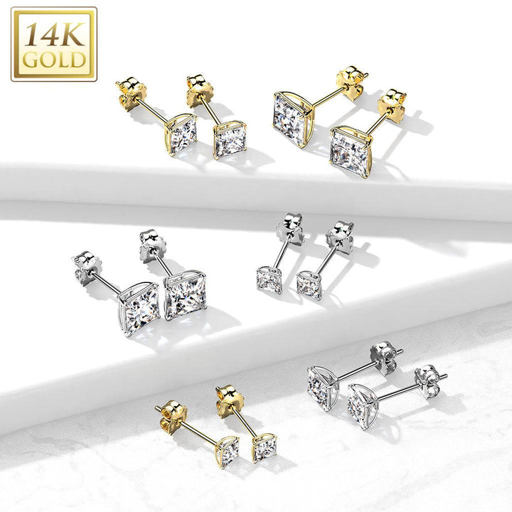 Pair Of 14KT Solid White Gold Square Clawed White CZ Stud Earrings - Pierced Universe