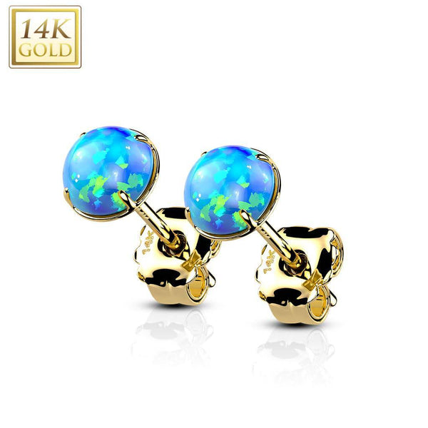 Pair Of 14KT Solid Yellow Gold Circle Round Clawed Blue Opal Stud Earrings - Pierced Universe