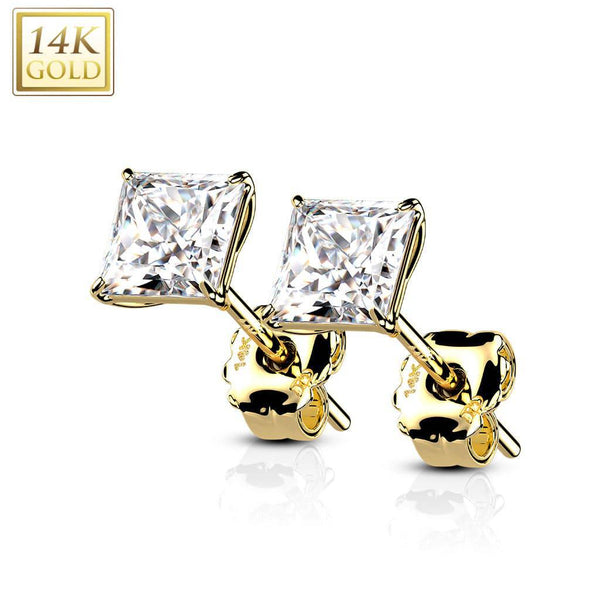 Pair Of 14KT Solid Yellow Gold Square Clawed White CZ Stud Earrings - Pierced Universe