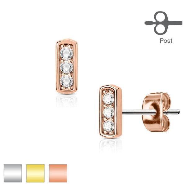 Pair of 3 Pave CZ Gems On Straight Bar Earrings Pair of 3 Pave CZ Gems On Straight Bar Earrings