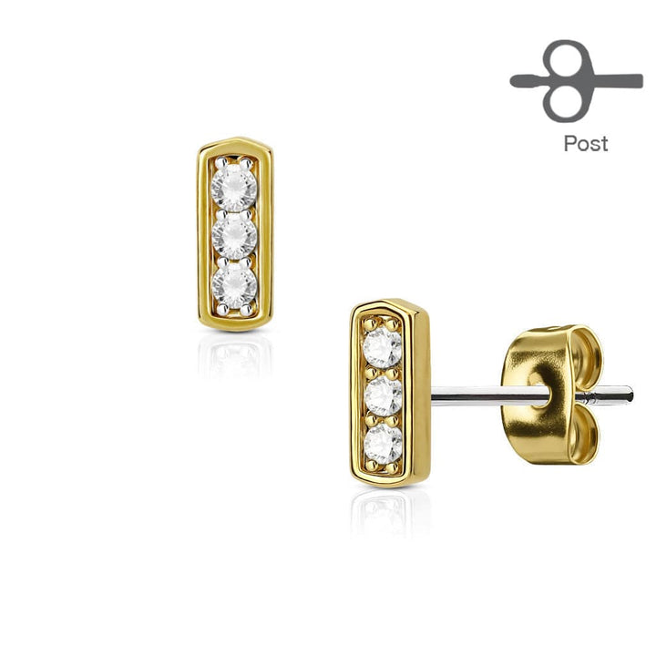Pair of 3 Pave CZ Gems On Straight Bar Earrings Pair of 3 Pave CZ Gems On Straight Bar Earrings