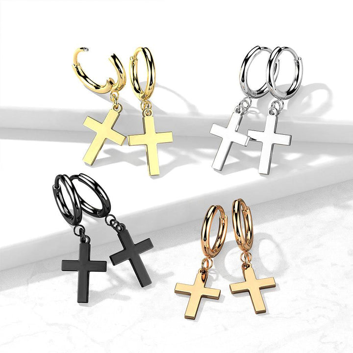 Pair Of 316L Surgical Steel Black PVD Thin Hoop Earrings With Dangling Cross - Pierced Universe