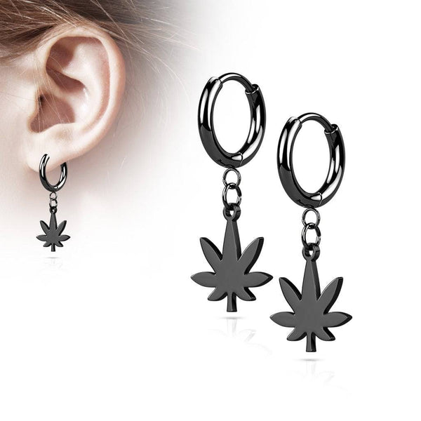 Pair Of 316L Surgical Steel Black PVD Thin Hoop Earrings With Dangling Weed Leaf - Pierced Universe