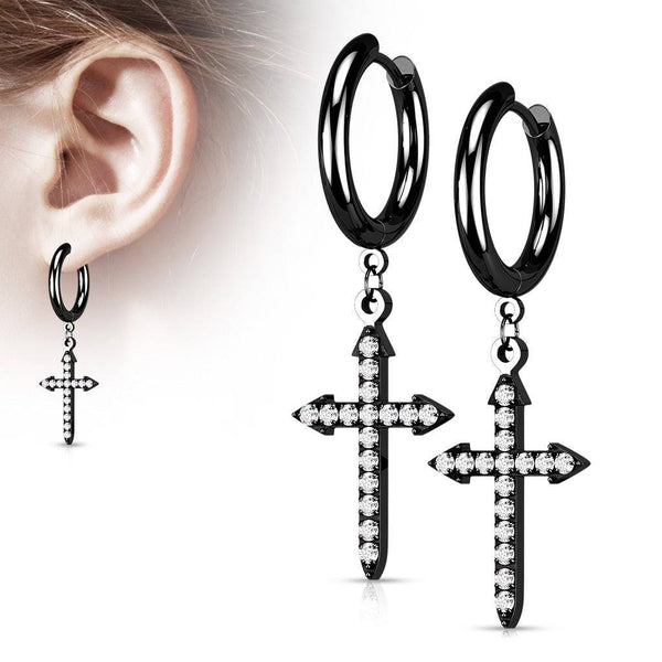 Pair Of 316L Surgical Steel Black PVD White CZ Celtic Cross Dangle Hoop Earrings - Pierced Universe