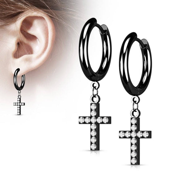 Pair Of 316L Surgical Steel Black PVD White CZ Cross Dangle Hoop Earrings - Pierced Universe