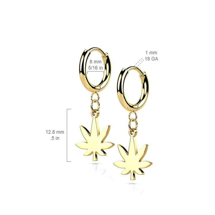 Pair Of 316L Surgical Steel Gold PVD Thin Hoop Earrings With Dangling Weed Leaf - Pierced Universe