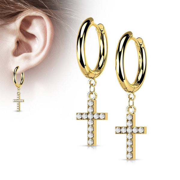 Pair Of 316L Surgical Steel Gold PVD White CZ Cross Dangle Hoop Earrings - Pierced Universe