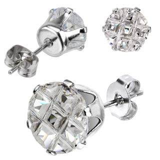 Pair of 316L Surgical Steel Multi Cut Circle Prong Set Grid CZ Stud Earrings - Pierced Universe