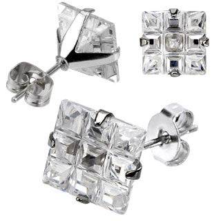 Pair of 316L Surgical Steel Multi Cut Square Grid CZ Stud Earrings - Pierced Universe