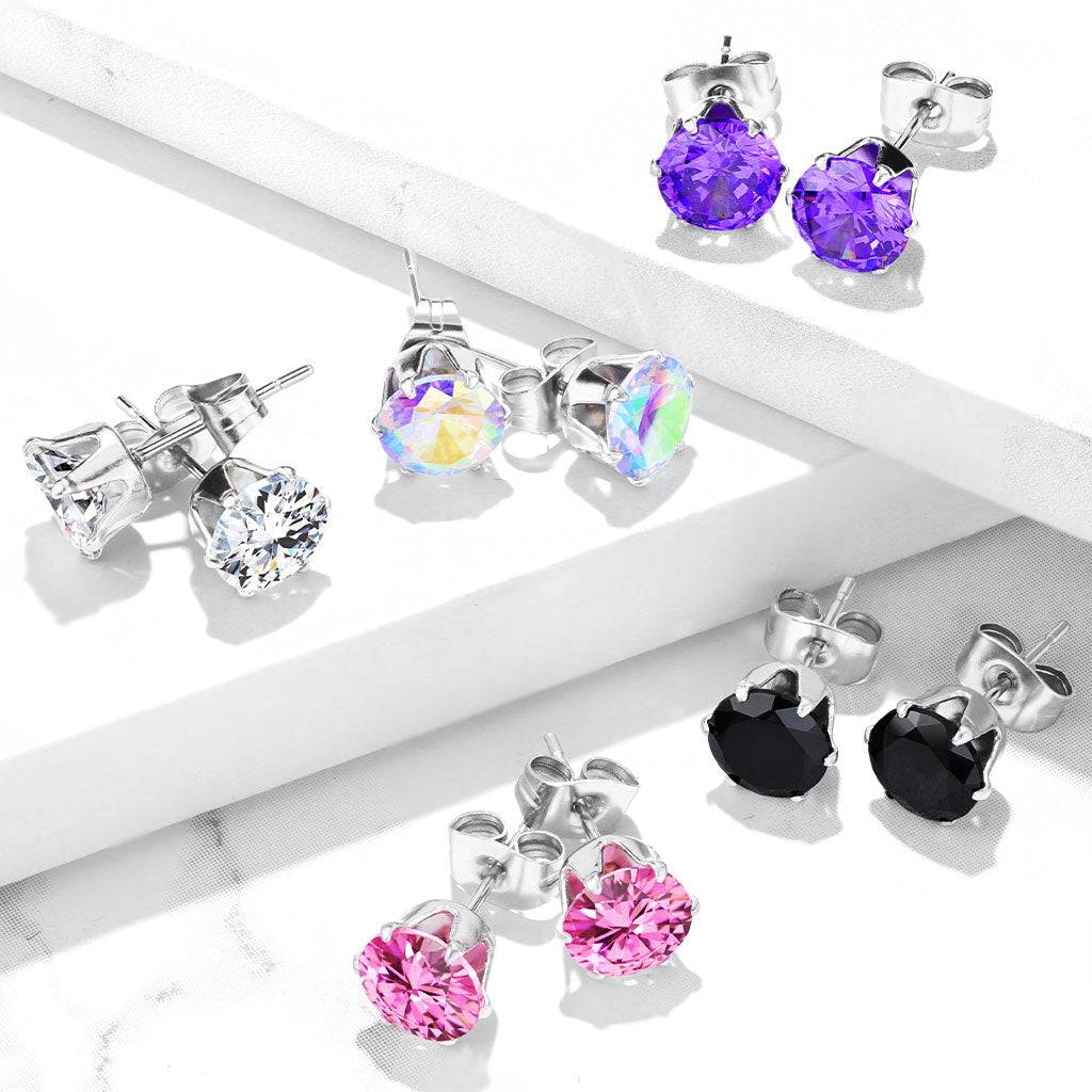 Pair of 316L Surgical Steel Multi Cut Circle Prong Set Grid CZ Stud Earrings Pair of 316L Surgical Steel Multi Cut Circle Prong Set Grid CZ Stud Earrings