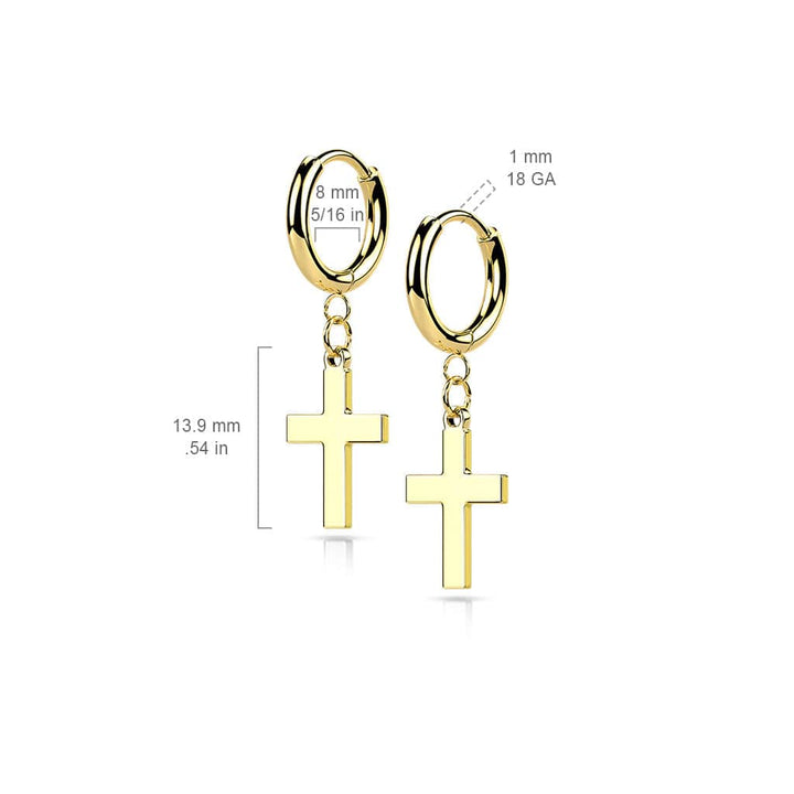 Pair Of 316L Surgical Steel Rose Gold PVD Thin Hoop Earrings With Dangling Cross - Pierced Universe