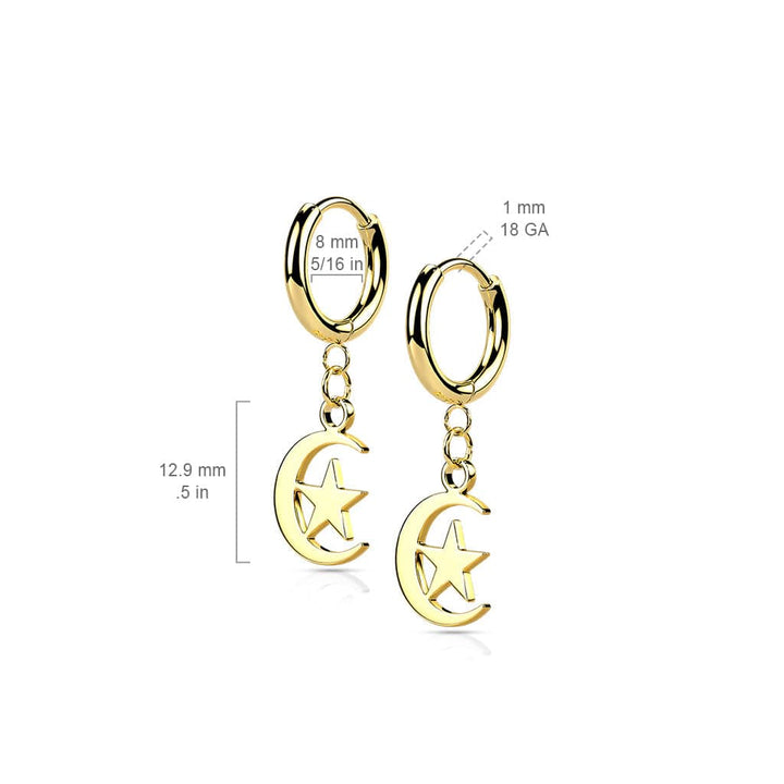 Pair Of 316L Surgical Steel Rose Gold PVD Thin Hoop Earrings With Dangling Moon & Star - Pierced Universe