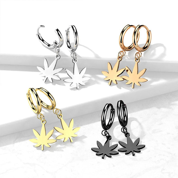 Pair Of 316L Surgical Steel Rose Gold PVD Thin Hoop Earrings With Dangling Weed Leaf - Pierced Universe