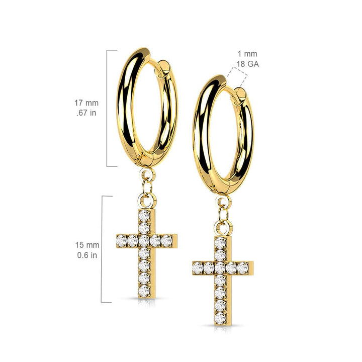 Pair Of 316L Surgical Steel Rose Gold PVD White CZ Cross Dangle Hoop Earrings - Pierced Universe