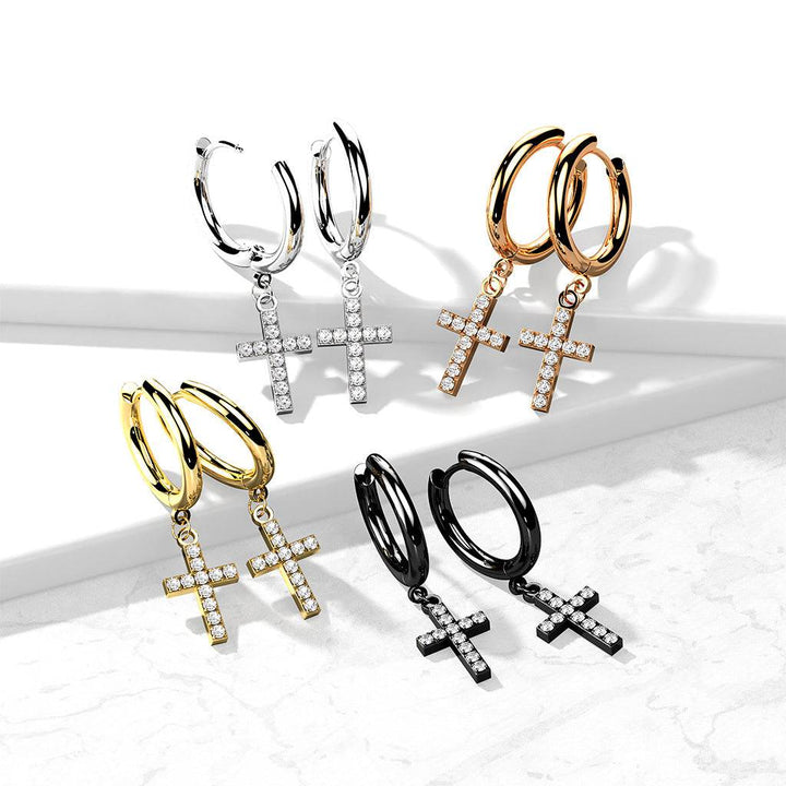 Pair Of 316L Surgical Steel Rose Gold PVD White CZ Cross Dangle Hoop Earrings - Pierced Universe