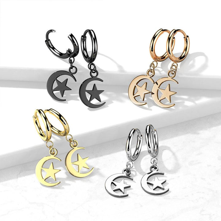 Pair Of 316L Surgical Steel Thin Hoop Earrings With Dangling Moon & Star - Pierced Universe