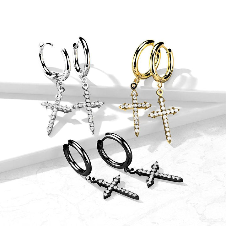 Pair Of 316L Surgical Steel White CZ Celtic Cross Dangle Hoop Earrings - Pierced Universe