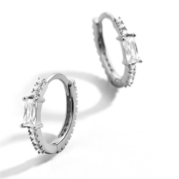 Pair of 925 Sterling Silver Diamond Baguette CZ Minimal Hoop Earrings - Pierced Universe