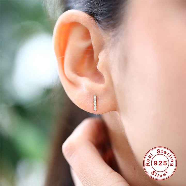 Pair of 925 Sterling Silver Diamond Bar Dainty Minimal Stud Earrings - Pierced Universe