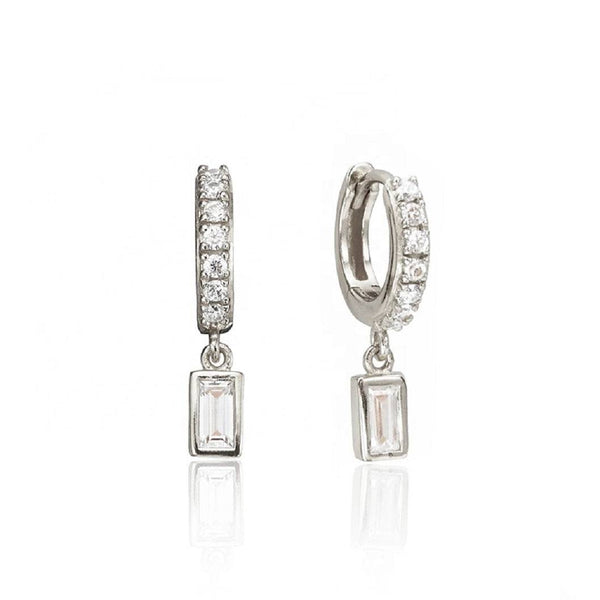 Pair of 925 Sterling Silver Diamond CZ Baguette Dangle Minimal Hoop Earrings - Pierced Universe
