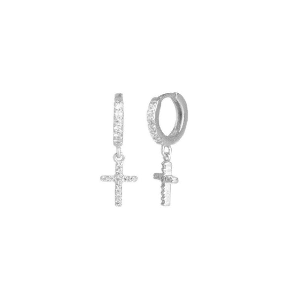 Pair of 925 Sterling Silver Diamond CZ Cross Dangle Minimal Hoops - Pierced Universe