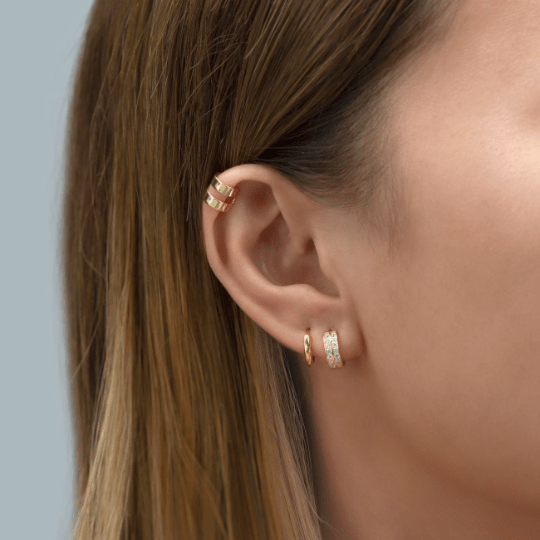 Pair of 925 Sterling Silver Double Row White CZ Minimal Hinged Huggy Hoop Earrings - Pierced Universe