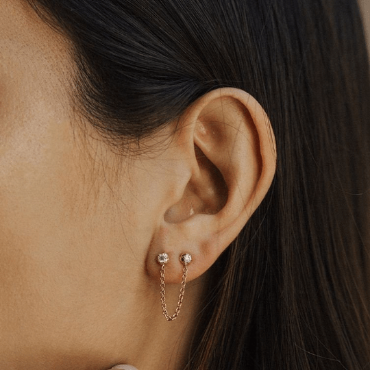 Pair of 925 Sterling Silver Double White CZ Gem with Chain Minimal Stud Earrings - Pierced Universe