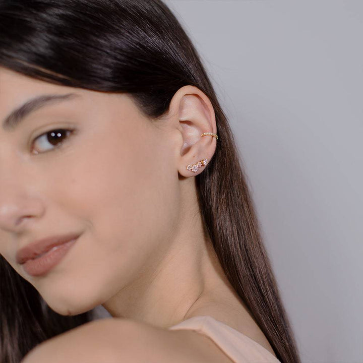 Pair of 925 Sterling Silver Gold PVD 3 Flower Ear Climber Minimal Earrings - Pierced Universe