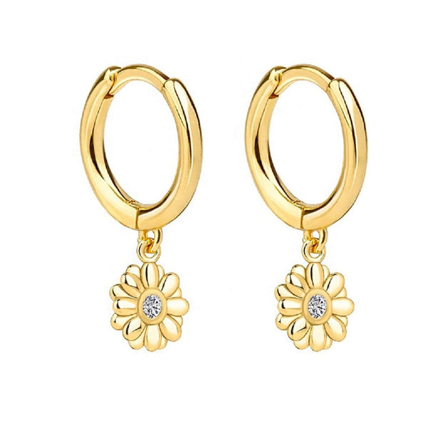 Pair of 925 Sterling Silver Gold PVD Daisy Flower Dangle Minimal Hoop Earrings - Pierced Universe