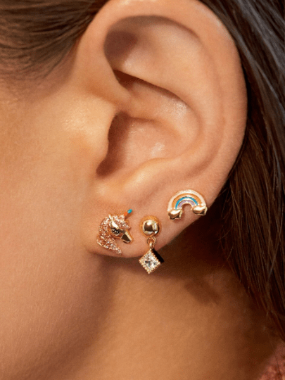 Pair of 925 Sterling Silver Gold PVD Dangly Diamond White CZ Gem Minimal Earring Studs - Pierced Universe